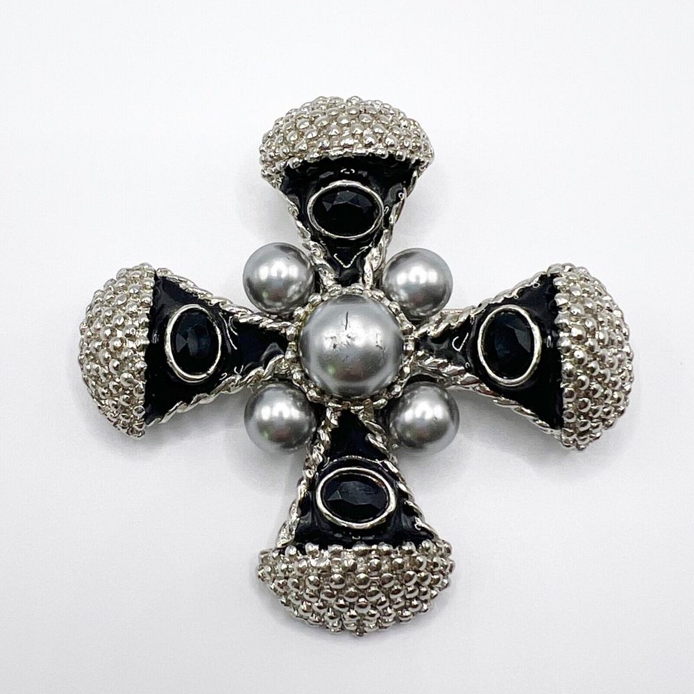 Vintage Maltese Cross Brooch Pin Faux Pearl Enamel Rhinestone 3" Statement Heavy